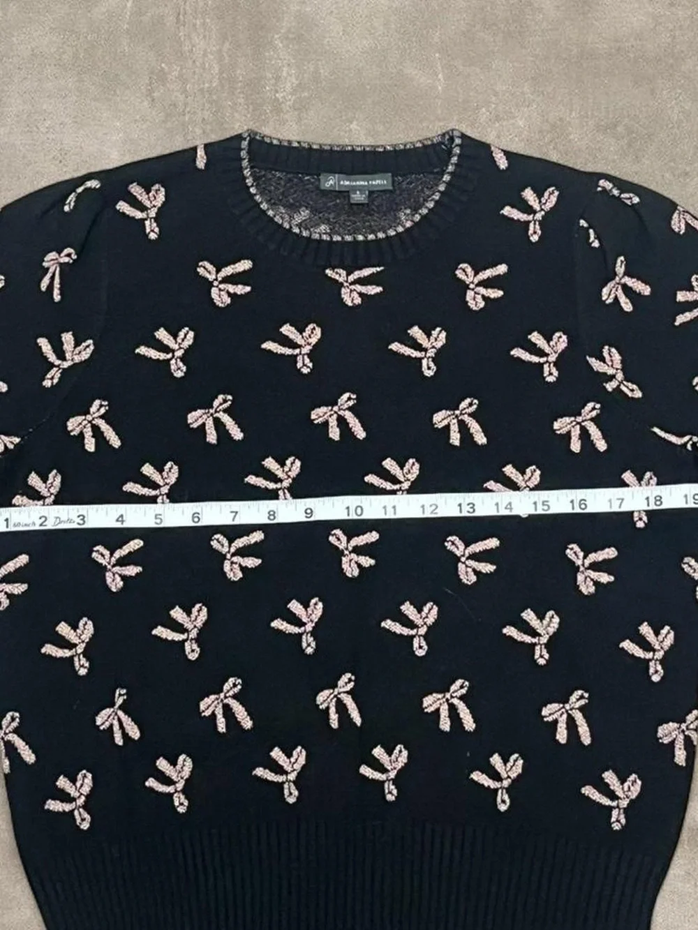 Adrianna Papell Sweater Womens S Black Bow Print Knit Crewneck Long Sleeve
